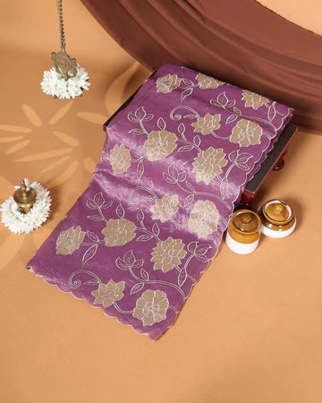 Designer Saree with Intricate Beige Floral Embroidery & Scalloped Edge Border - Purple