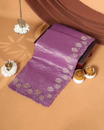 Designer Saree with Intricate Floral Embroidered Border & Elegant Scalloped Edge - Purple
