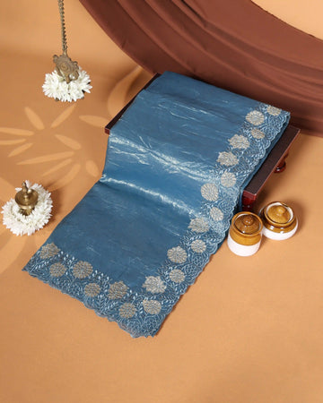 Designer Saree with Intricate Floral Embroidered Border & Elegant Scalloped Edge - Teal