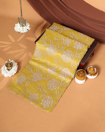 Designer Saree with Intricate Beige Floral Embroidery & Scalloped Edge Border - Yellow