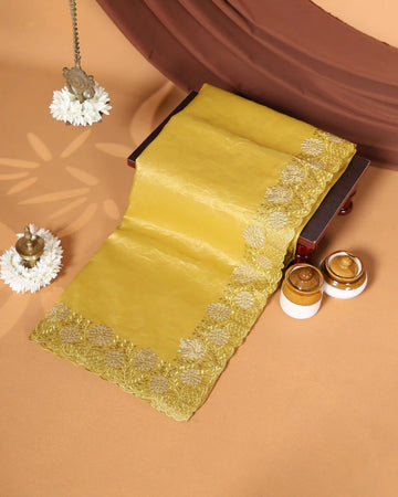 Designer Saree with Intricate Floral Embroidered Border & Elegant Scalloped Edge - Yellow