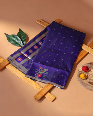 Paithani Semi Silk Saree with Butti Motifs and Floral Pallu with Contrast Border - Blue
