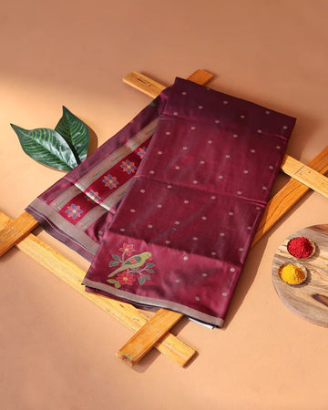 Paithani Semi Silk Saree with Butti Motifs and Floral Pallu with Contrast Border - Maroon