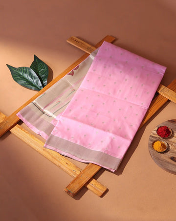 Paithani Semi Silk Saree with Butta Motifs & Contrast Border - Pink