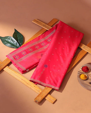 Paithani Semi Silk Saree with Butti Motifs and Floral Pallu with Contrast Border - Red