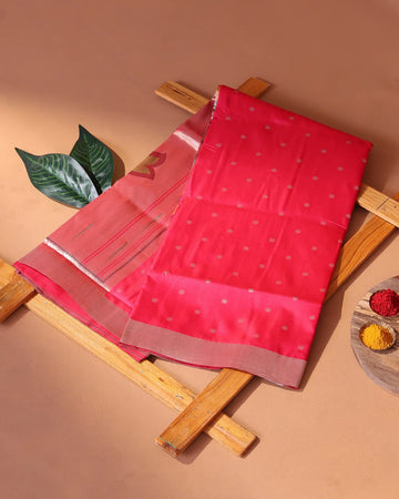 Paithani Semi Silk Saree with Butta Motifs & Contrast Border - Red