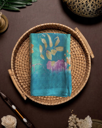 Georgette Saree for Women with Floral Print and Intricate Botanical Motif Design – Teal Blue