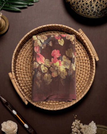 Georgette Saree for Women with Elegant Floral and Leaf Print Design - Brown