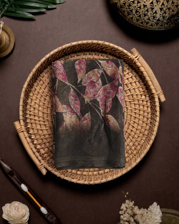 Georgette Saree For Women Artistic Pink Floral Leaf Print - Dark Brown