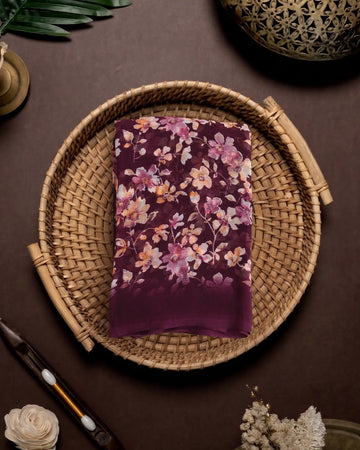 Georgette Saree for Women with Floral Print Motif Pattern - Wine