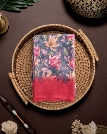 Georgette Saree for Women with Floral Print Design and Contrast Border - Dark Grey