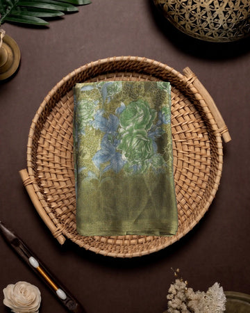 Floral Printed Georgette Saree with Intricate Pallu Design - Green