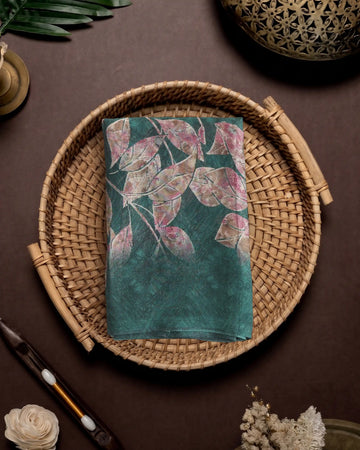 Georgette Saree For Women Artistic Pink Floral Leaf Print - Dark Green