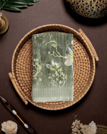 Georgette Saree For Women Floral Printed Design & Multicolor Botanical Motifs - Olive Green