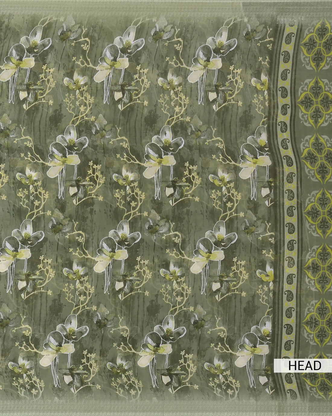 Georgette Saree For Women Floral Printed Design & Multicolor Botanical Motifs - Olive Green