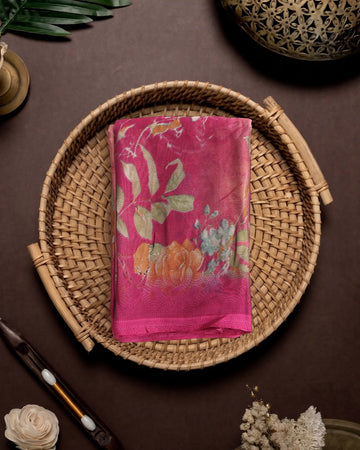 Georgette Saree for Women with Floral Print and Delicate Botanical Pattern - Dark Pink