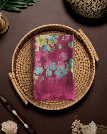 Georgette Saree For Women Floral Printed Design & Multicolor Botanical Motifs - Burgundy