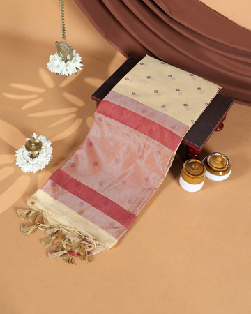 Raw Silk Saree with Maroon Woven Border Floral Butta Motifs & Traditional Tassel Pallu - Beige