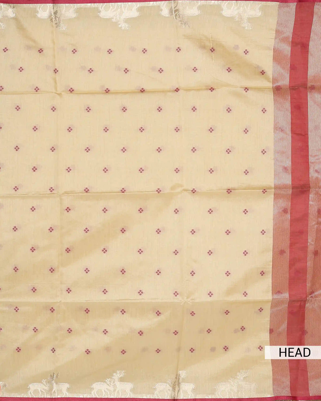 Raw Silk Saree with Maroon Woven Border Floral Butta Motifs & Traditional Tassel Pallu - Beige