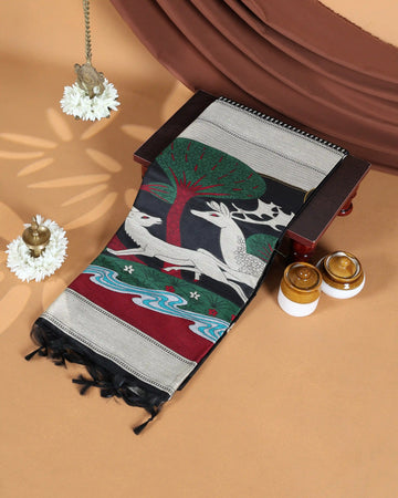 Raw Silk Saree with Traditional Deer & Tree Printed Design and Contrast Border - Black
