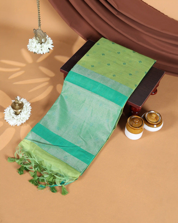 Raw Silk Saree with Turquoise Woven Border Floral Butta Motifs & Traditional Tassel Pallu - Light Green