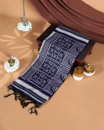 Semi Tissue Saree with Contrast White Cow Motifs Butti Design & Classic Striped Border - Navy