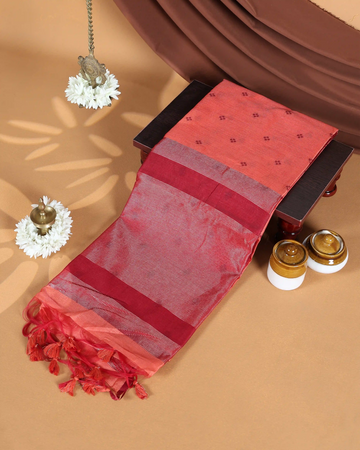 Raw Silk Saree with Maroon Woven Border Floral Butta Motifs & Traditional Tassel Pallu - Peach