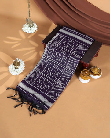 Semi Tissue Saree with Contrast White Cow Motifs Butti Design & Classic Striped Border - Purple