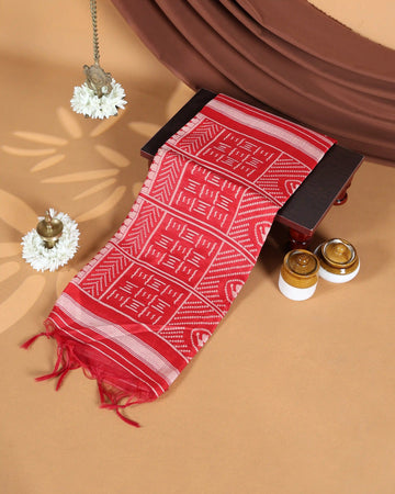 Semi Tissue Saree with Contrast White Cow Motifs Butti Design & Classic Striped Border - Red