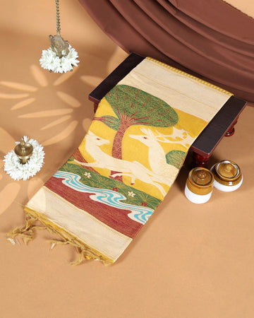 Raw Silk Saree with Traditional Deer & Tree Printed Design and Contrast Border - Yellow