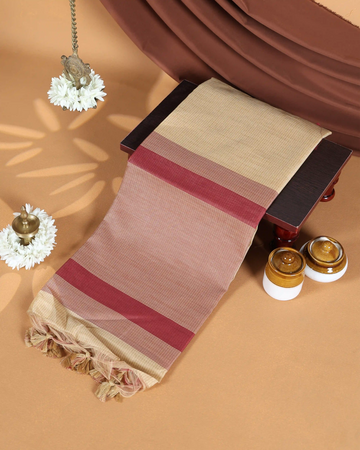 Raw Silk Saree with Maroon Temple Border and Striped Body Design - Beige