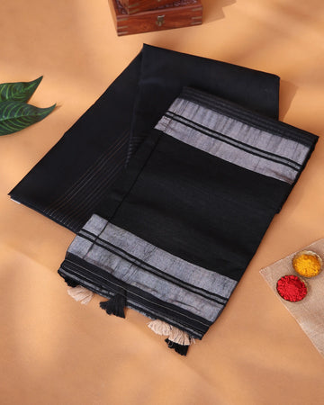 Semi Tissue Saree with Striped Texture Woven Border and Elegant Pallu -  Black
