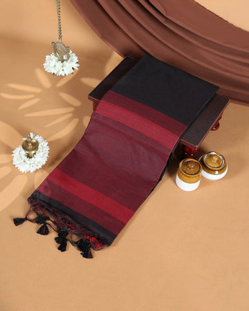 Raw Silk Saree with Maroon Temple Border and Striped Body Design - Black