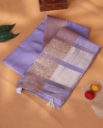 Semi Tissue Saree with Intricate Floral Zari Border and Woven Contrast Striped Tissue Pallu - Lavender