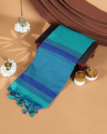 Raw Silk Saree with Blue Temple Border and Striped Body Design - Turquoise Blue