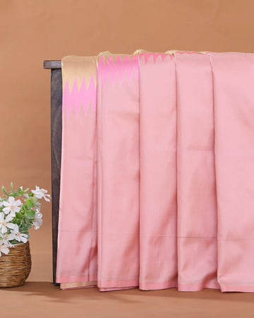 Semi Soft Silk Saree with Solid Body Floral Pallu Contrast Woven Border and Intricate Zigzag Zari Panel - Pink