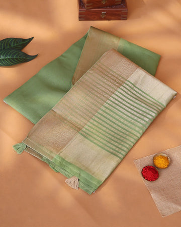 Semi Tissue Saree with Checked Body Zari Border and Striped Pallu - Green