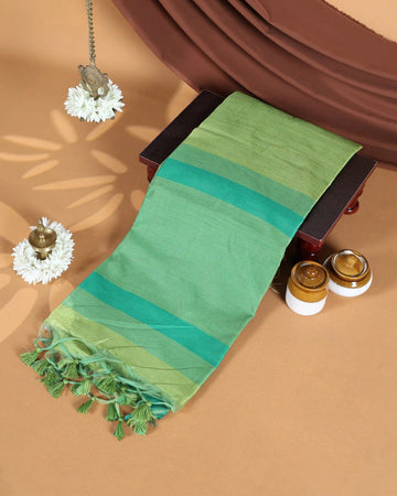 Raw Silk Saree with Green Temple Border and Striped Body Design - Light Green