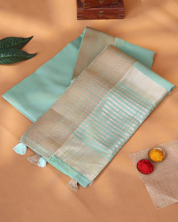 Semi Tissue Saree with Checked Body Zari Border and Striped Pallu - Light Green