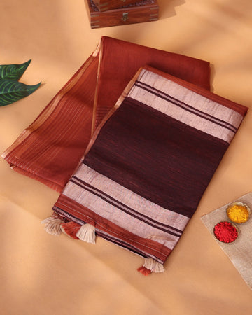 Semi Tissue Saree with Striped Texture Woven Border and Elegant Pallu -  Rust Red