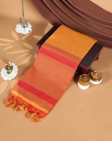 Raw Silk Saree with Red Temple Border and Striped Body Design - Orange