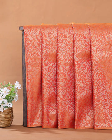 Semi Soft Silk Saree with Intricate Floral Vine Motifs and Traditional Woven Border - Orange