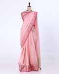 A light pink saree with a gold and pink border, Full View