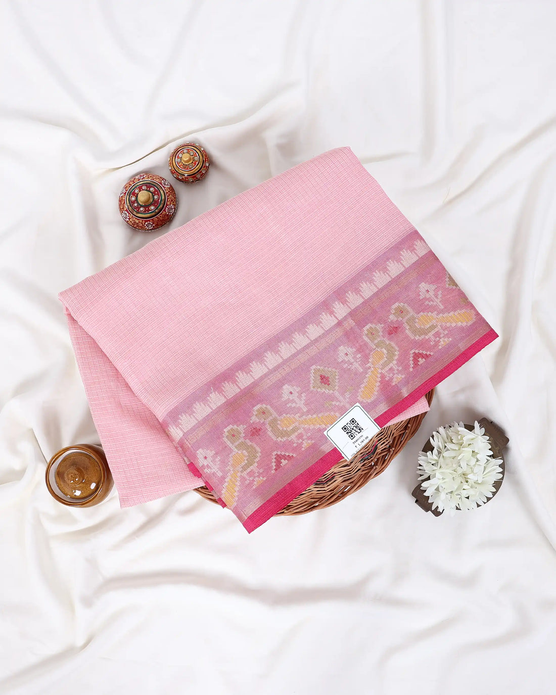 A light pink saree with a gold and pink border, Full View