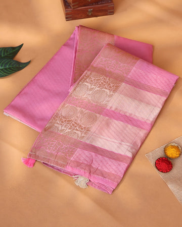 Semi Tissue Saree with Intricate Floral Zari Border and Woven Contrast Striped Tissue Pallu - Pink