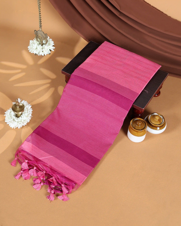 Raw Silk Saree with Magenta Temple Border and Striped Body Design - Pink
