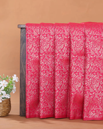 Semi Soft Silk Saree with Intricate Floral Vine Motifs and Traditional Woven Border - Pink