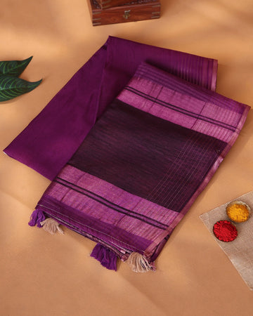Semi Tissue Saree with Striped Texture Woven Border and Elegant Pallu -  Purple