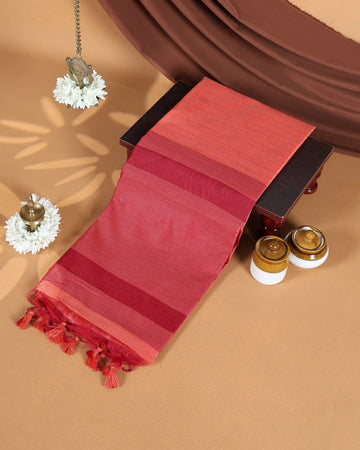 Raw Silk Saree with Striped Body Traditional Temple Border & Striped Pallu - Red