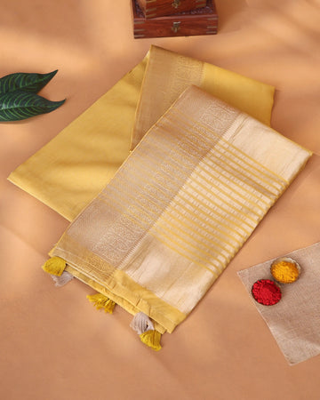 Semi Tissue Saree with Checked Body Zari Border and Striped Pallu - Yellow
